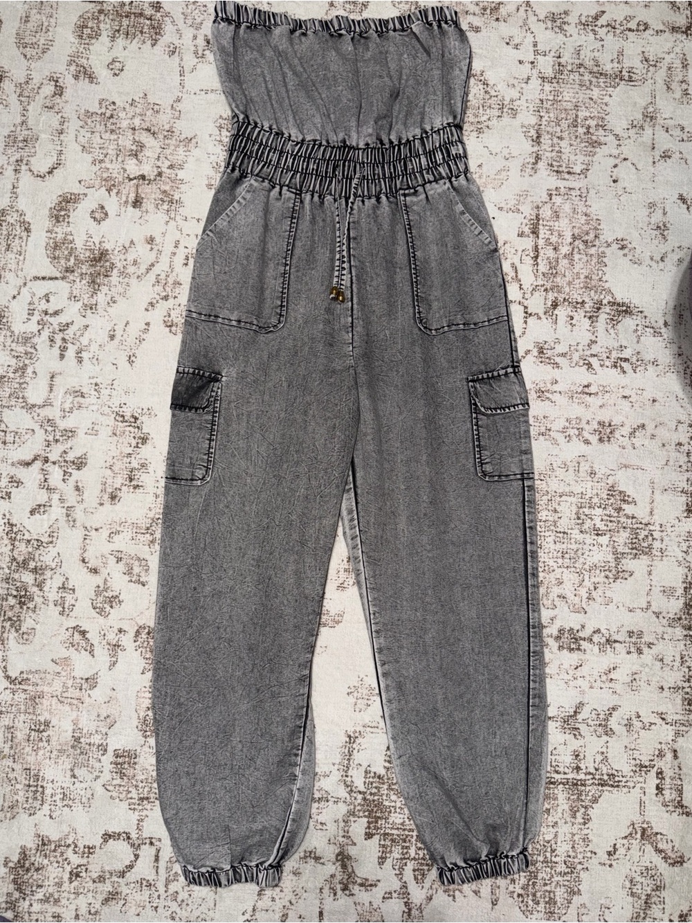 Strapless Gray Cargo Jumpsuit with Smocked Waist